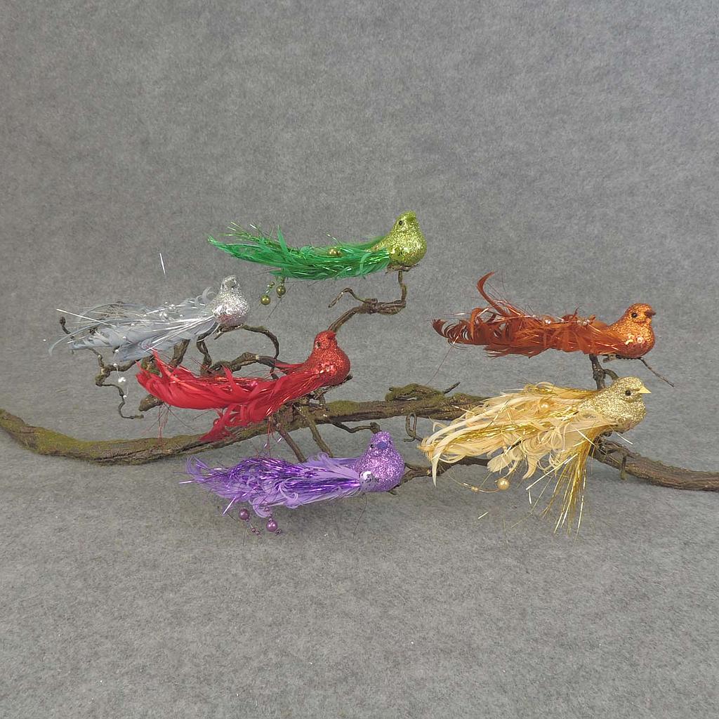 [BN509] 6" CURLY TAIL GLIT/FEA BIRD 6-ASST W/CLIP