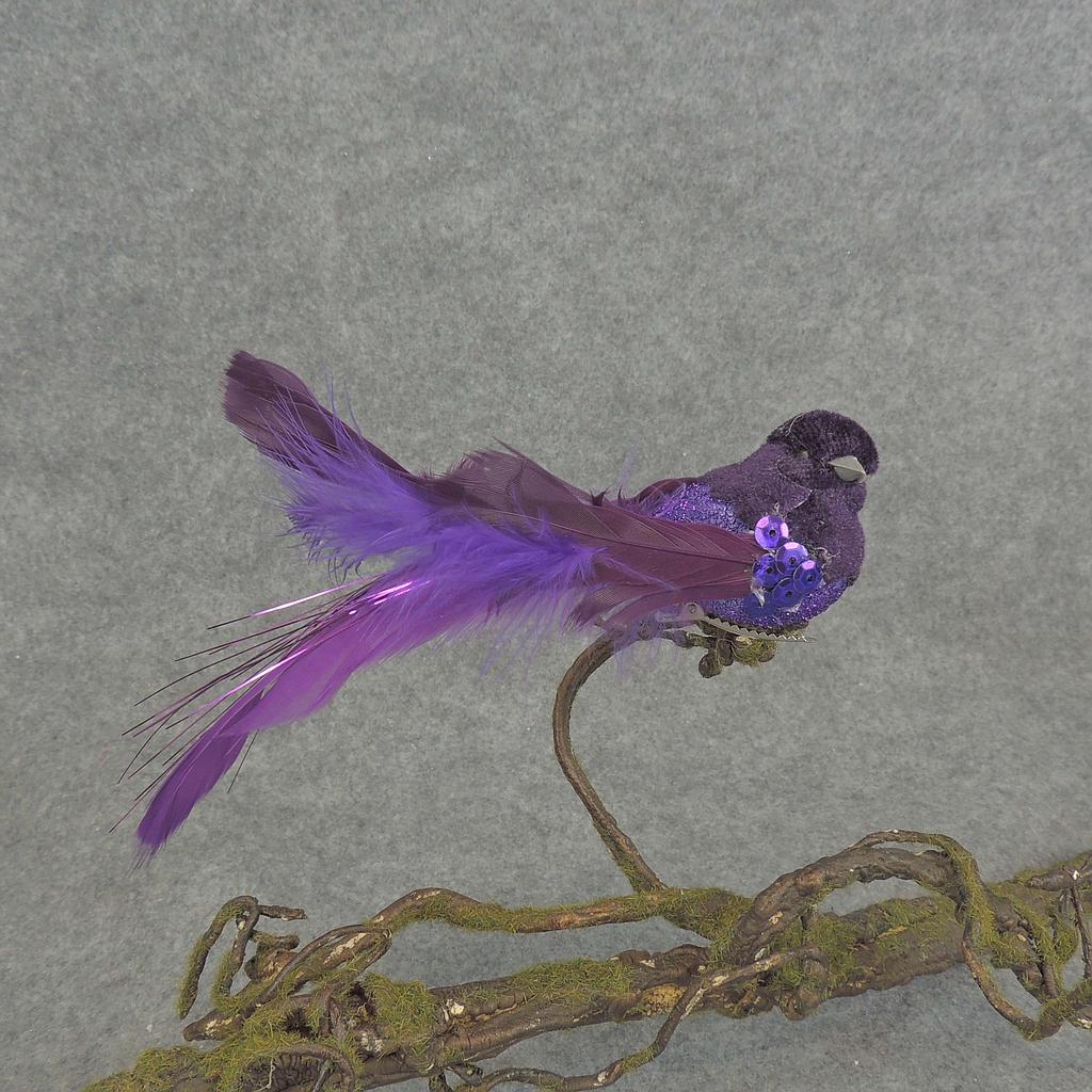 [BN5136-PUR] 5.25" BIRD FEATR/VELVET/SEQUIN W/CLIP PURPLE