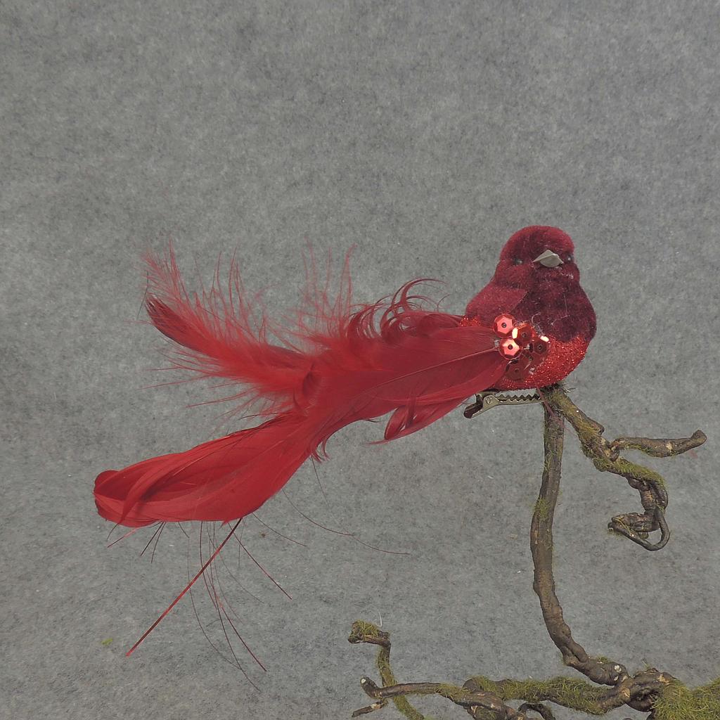 [BN5136-RED] 5.25" BIRD FEATR/VELVET/SEQUIN W/CLIP RED