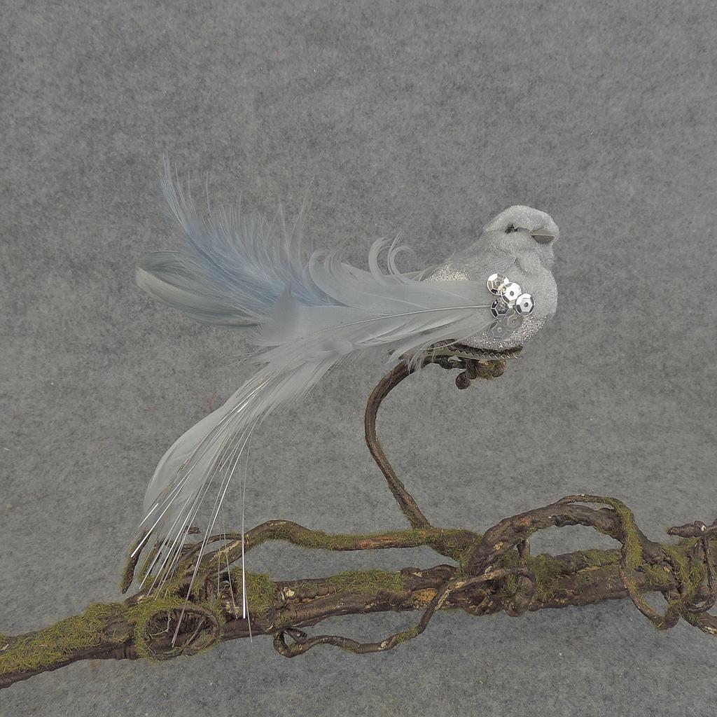 [BN5136-SIL] 5.25" BIRD FEATR/VELVET/SEQUIN W/CLIP SILVER