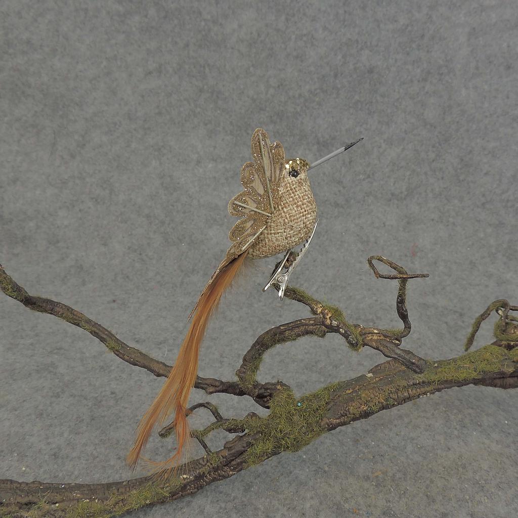 [BN5138-NAT] 6.5" HUMMINGBIRD BURLAP/FEATR W/CLIP NATURAL