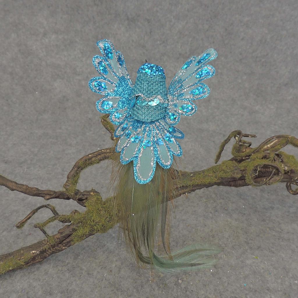 [BN5138-TUR] 6.5" HUMMINGBIRD BURLAP/FEATR W/CLIP TURQUOISE