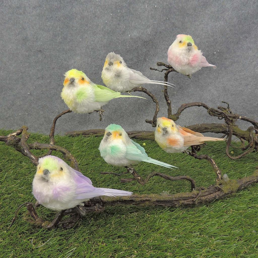 [BN7035] 4.5" BIRD PASTEL 6-ASST W/CLIP FEATHER/FUZZY