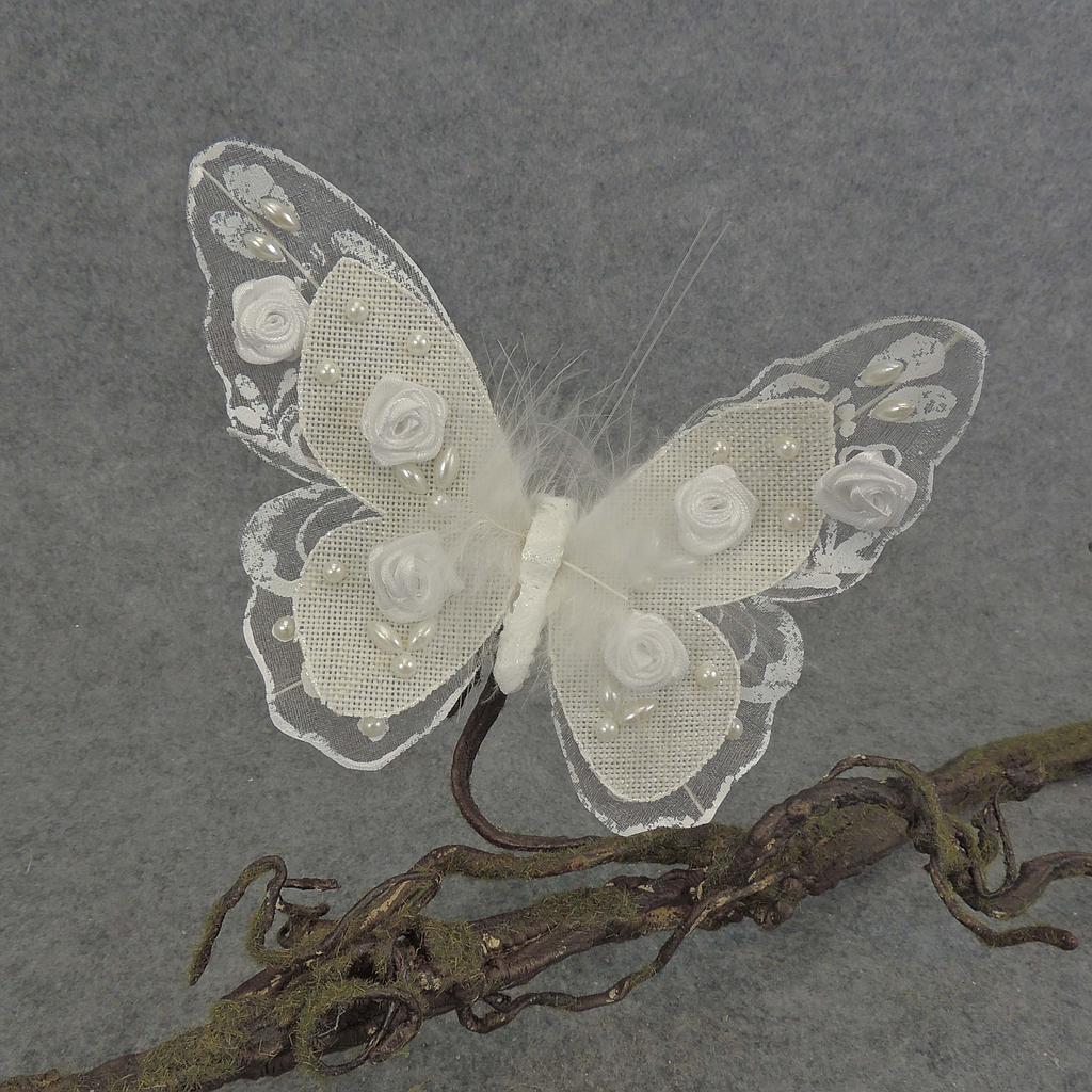 7" BUTTERFLY BURLAP WHITE W/CLIP