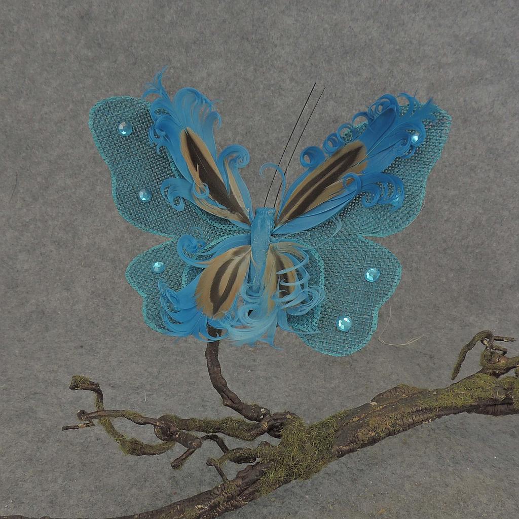 6.5" BUTTERFLY BURLAP/FEATHER W/CLIP BLUE