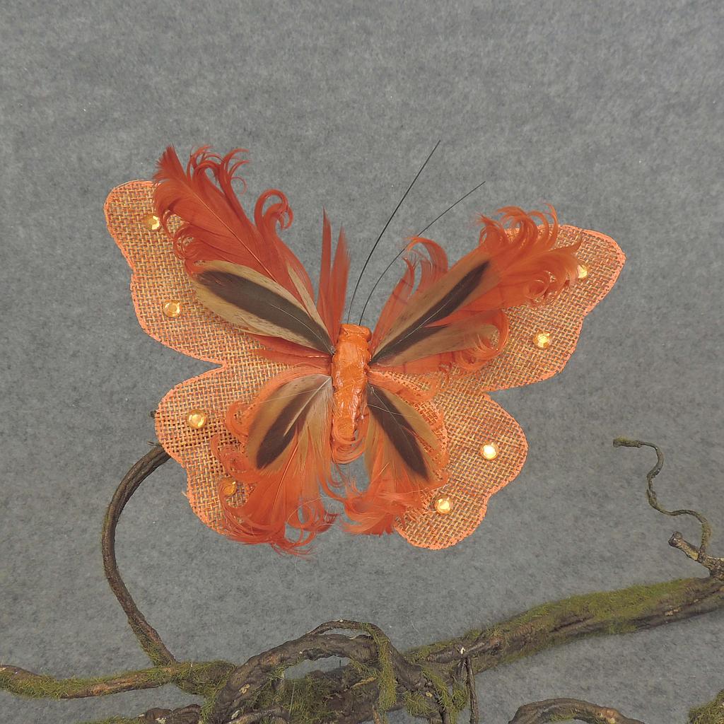 6.5" BUTTERFLY BURLAP/FEATHER W/CLIP ORANGE