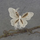 BUTTERFLY BURLAP/FEATHER 6.5" W/CLIP  WHITE