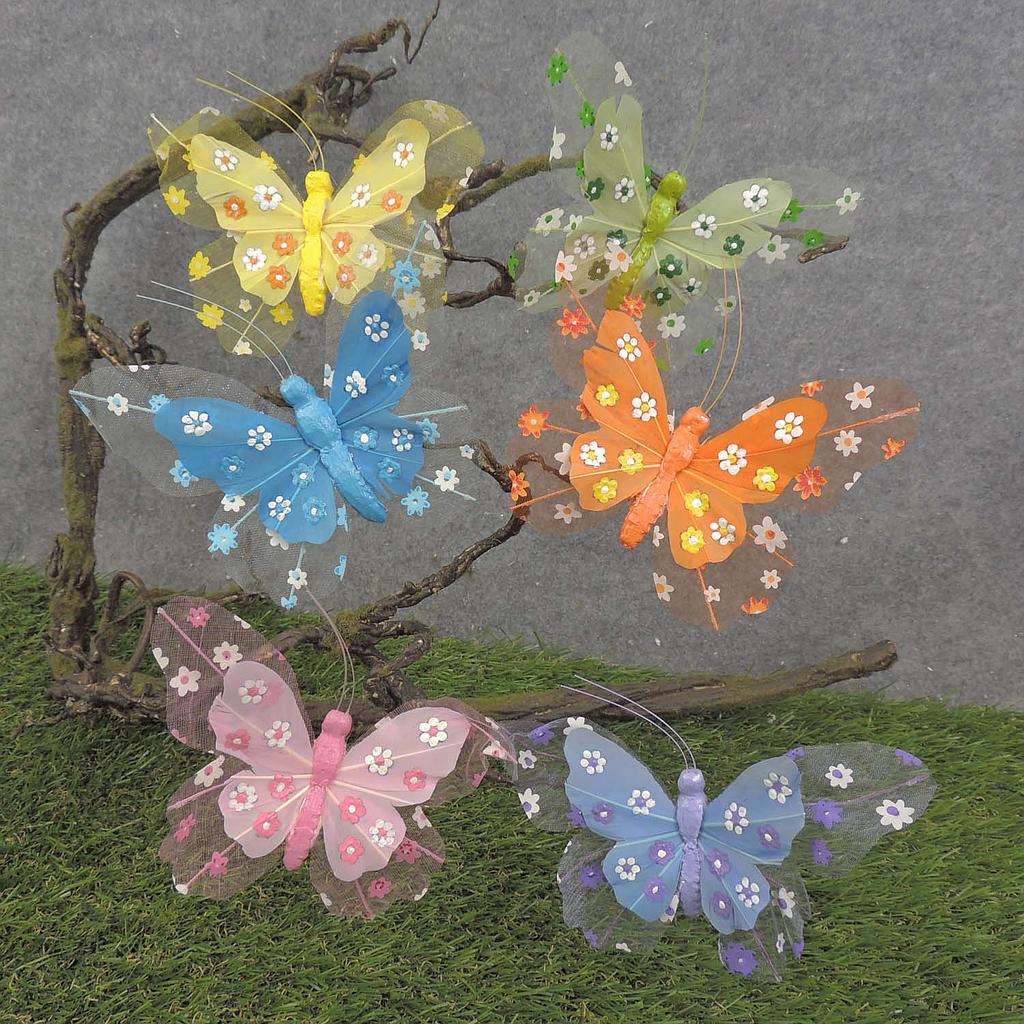 5" BUTTERFLY MESH/FEATHER FLOWERPRINT W/CLP