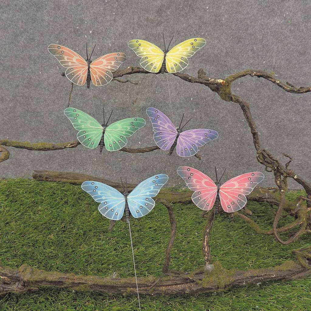 3.5" BUTTERFLY PASTELS 6/AST ON WIRE (FEATHER)