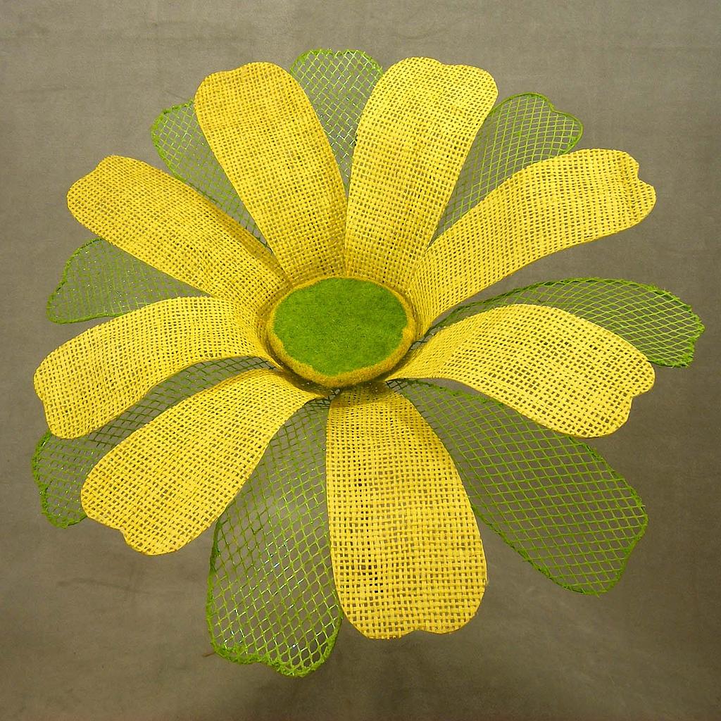 16" DAISY BURLAP PICK W/ROUNDED PETALS YELLOW/GREEN