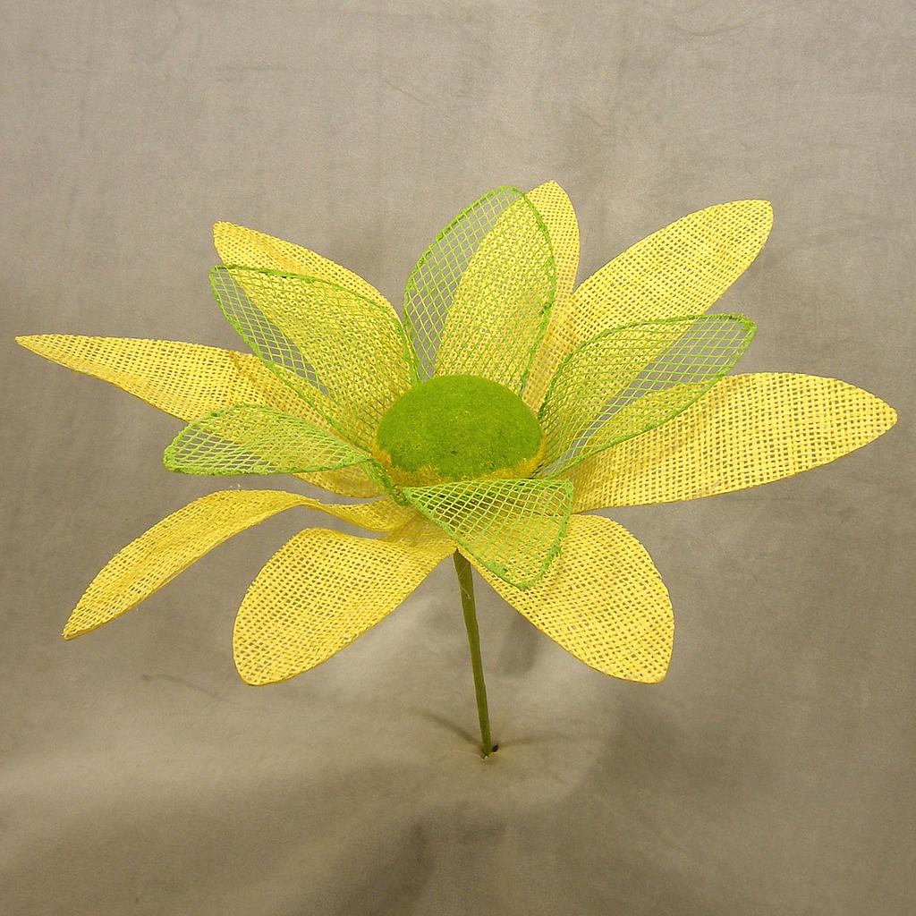 16" DAISY BURLAP PICK W/POINTED PETALS YELLOW/GREEN