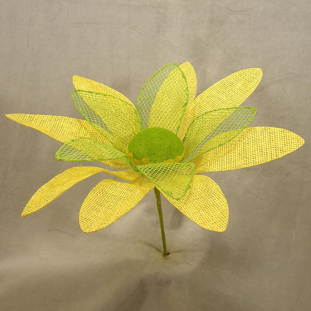 DAISY 16&quot; BURLAP PICK W/POINTED PETALS  YELLOW/GREEN