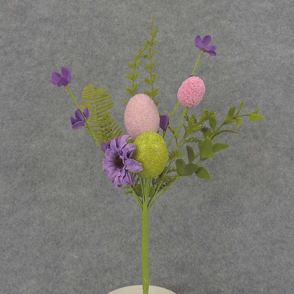 EGG PICK W/BLOOMS/LEAVES 18&quot;  PINK/PURPLE/GREEN