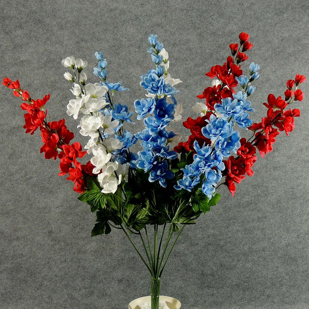 DELPHINUM BUSH X9 25"  RED/WHITE/BLUE