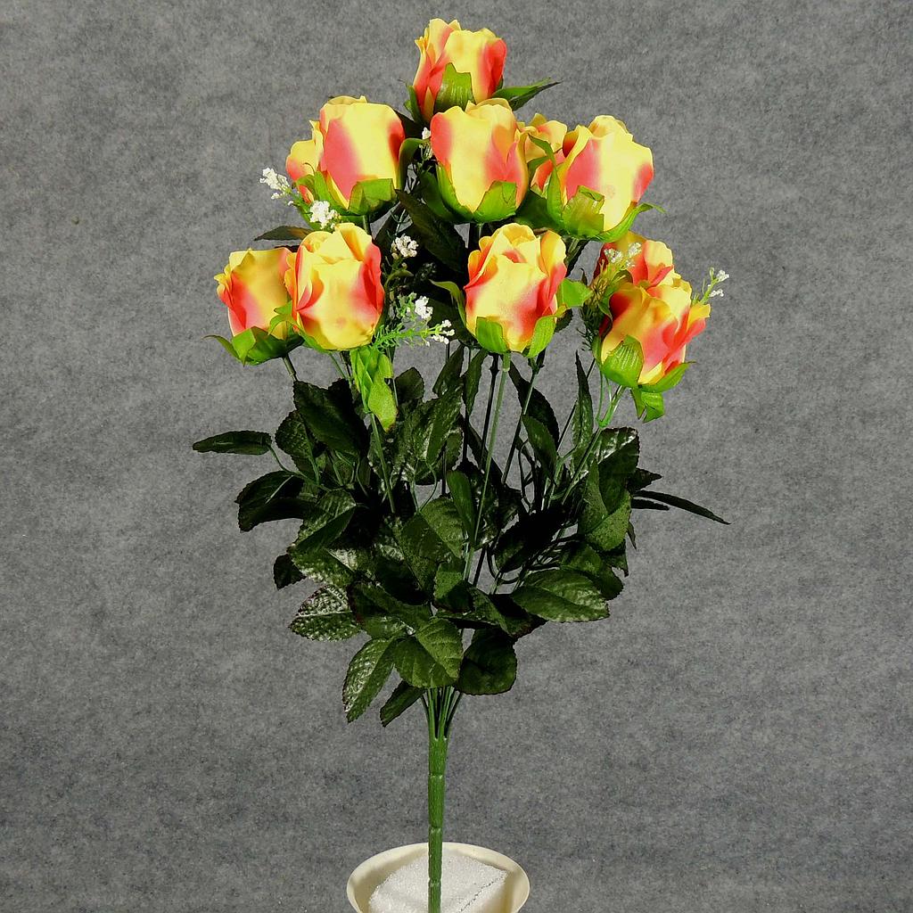ROSE BUD SATIN BUSH X12 W/GYPSO  ORANGE/YELLOW