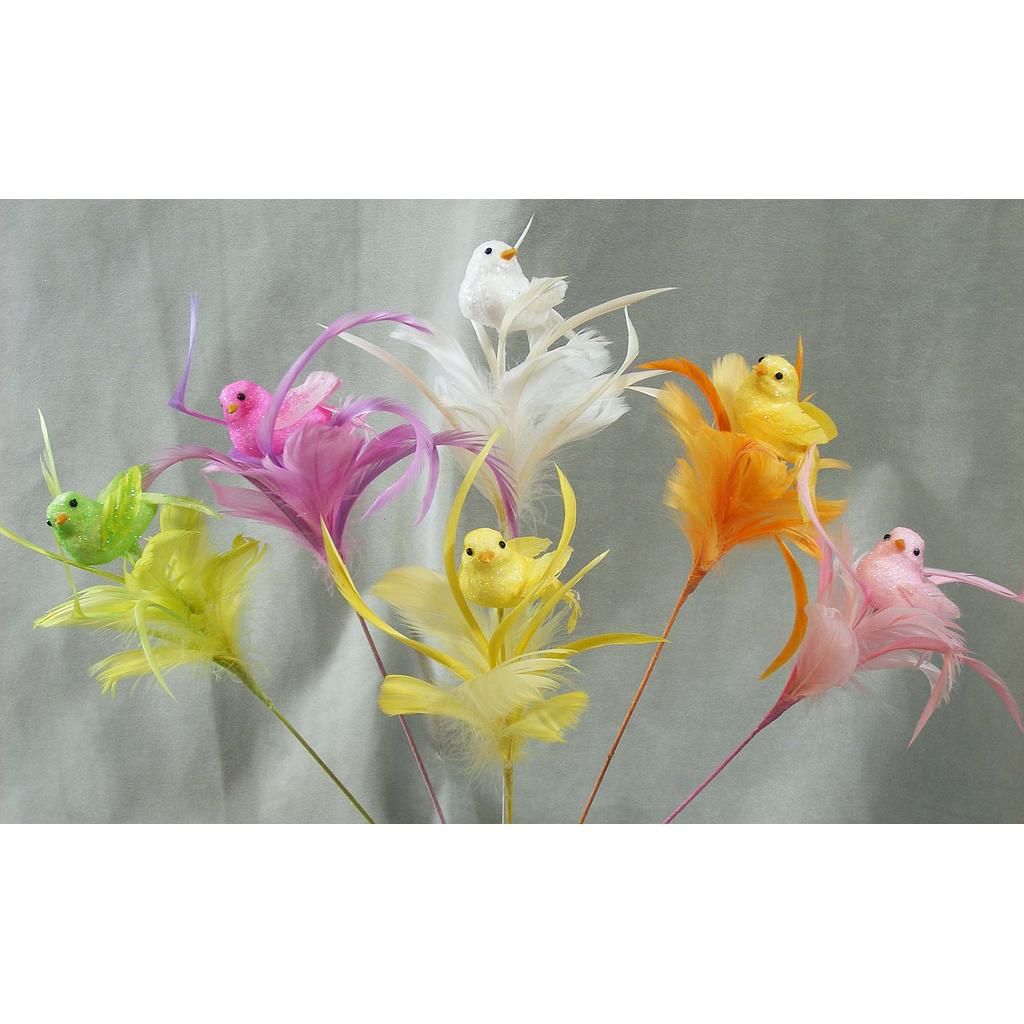 [SJ3108-AST] 3" BIRD W/FEATHERS ON PIC 6-AST 16" O.A.L