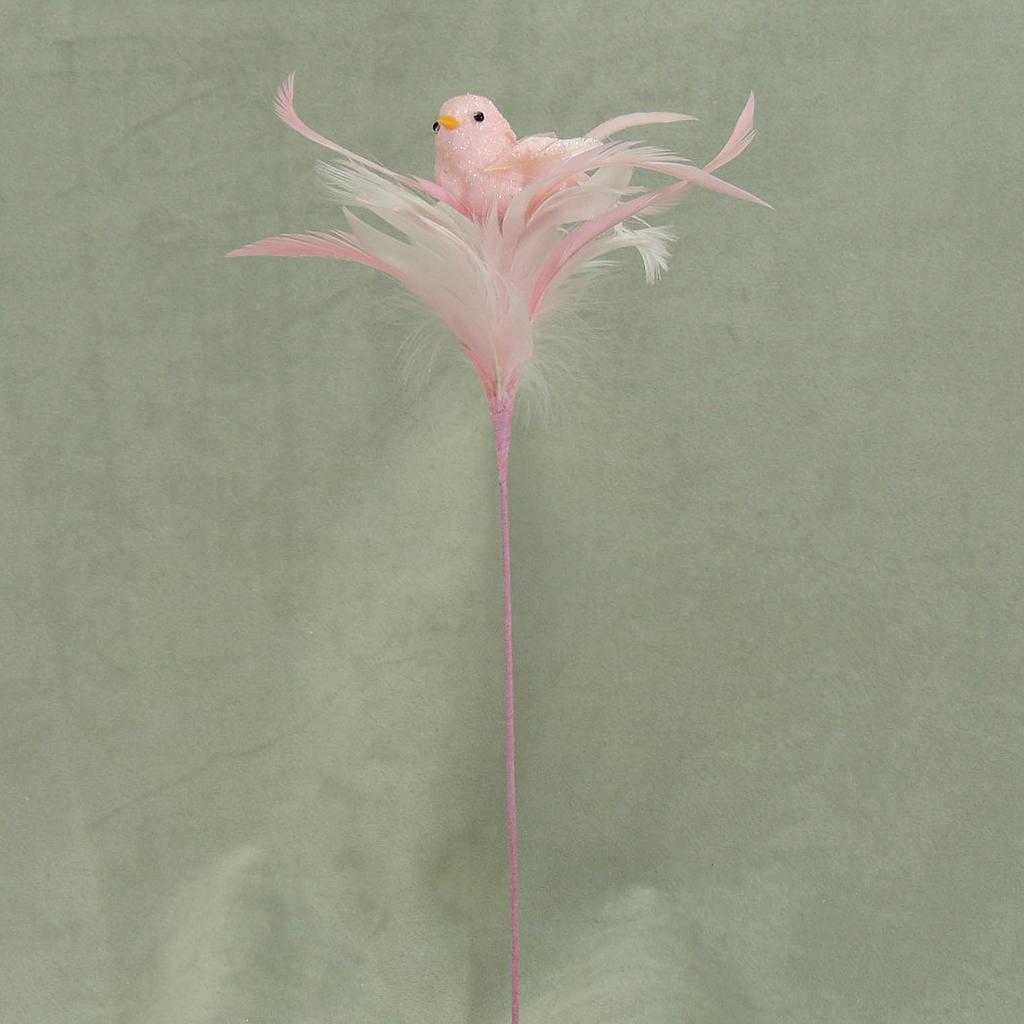BIRD 3" W/FEATHERS & PIC L.PINK 16" O.A.L