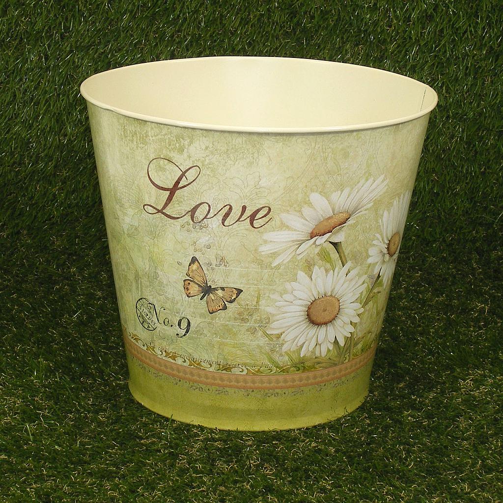 PLANTER TIN 9" x 8" W/PRINT W/LINER GREEN