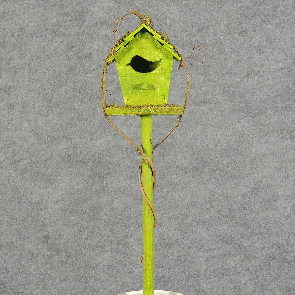 BIRDHOUSE W/TWIG ON PICK 16"OAL  (CENTER PEAK)  GREEN
