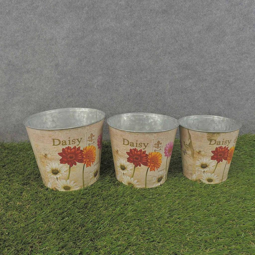 PLANTER TIN 3/SET W/LINERS DAISY/GERB PRINT