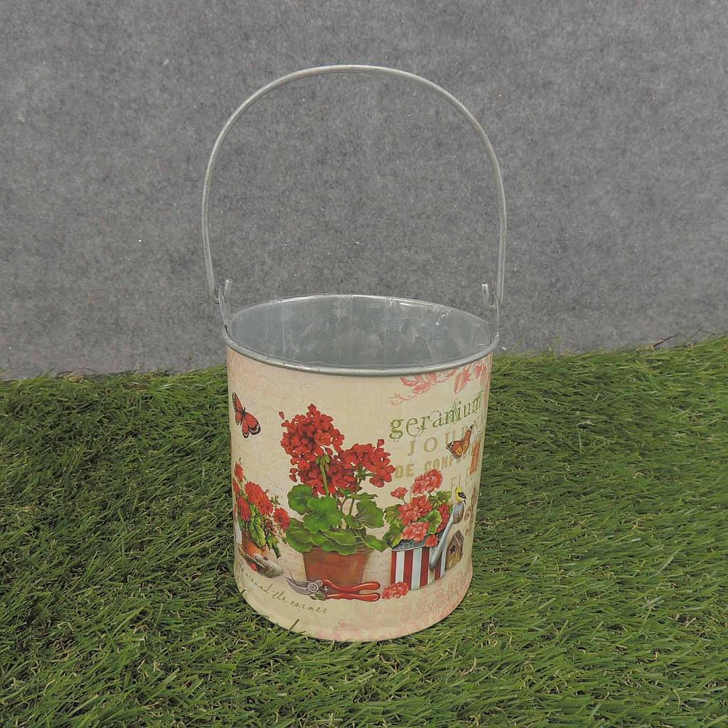 PLANTER TIN W/LINER 4.25x4.25" RED GERANIUM PRNT
