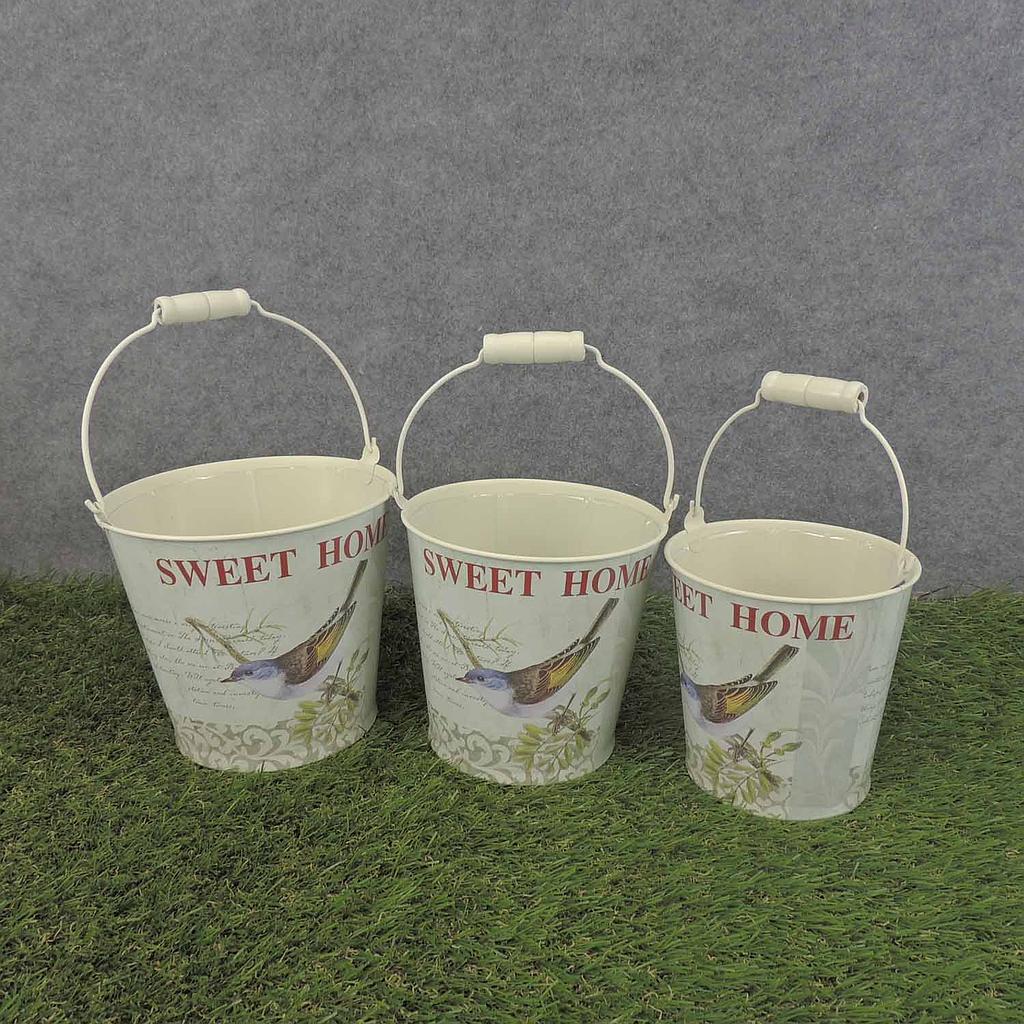PLANTER SET W/BIRD PRINT 3/SET W/HANDLE & LINER