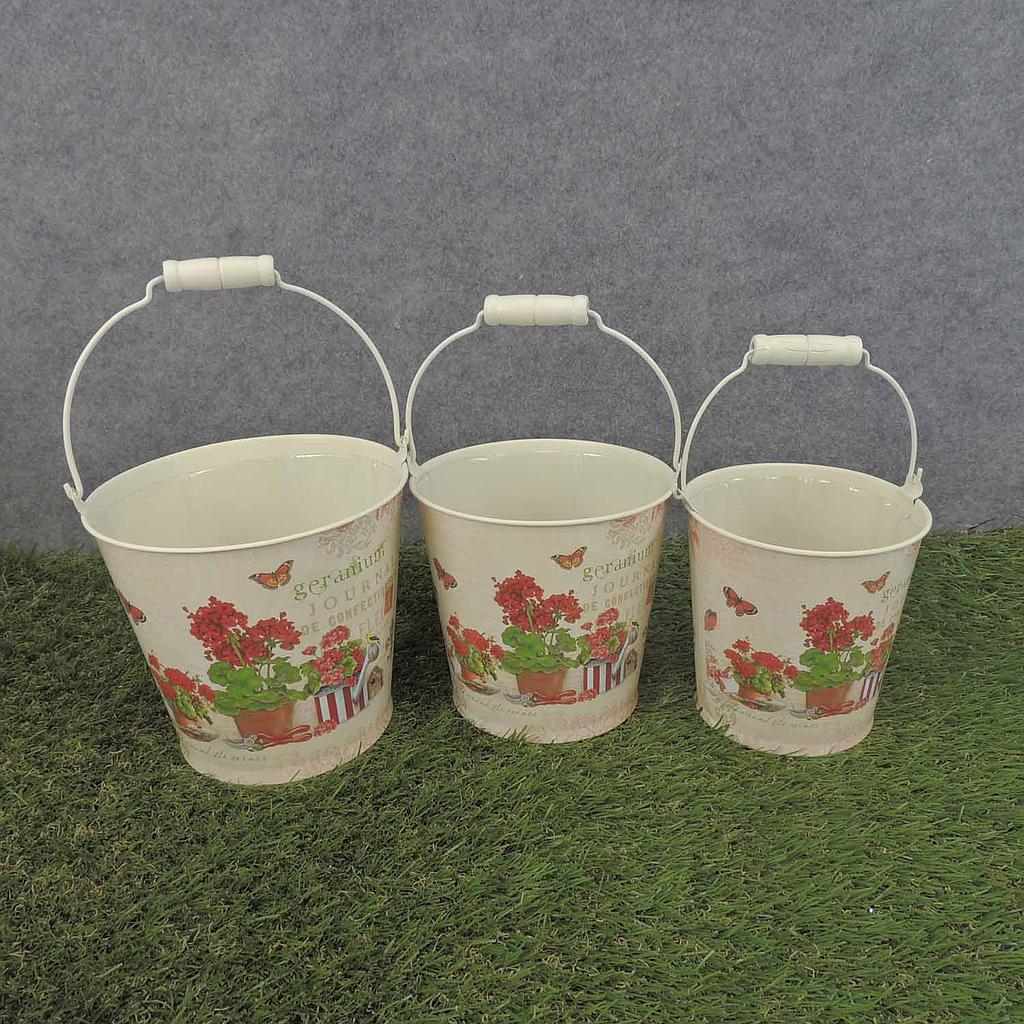 PLANTERS GERANIUM PRINT 3/SET W/HNDL&LINER RED