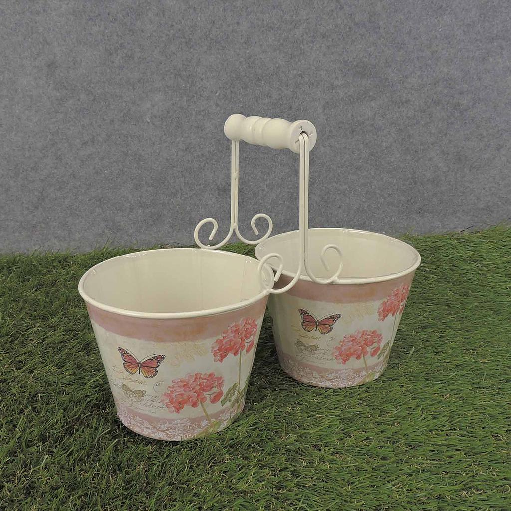 [SR6067] PLANTER TIN 2 PLANTERS 10x5"    PINK GERANIUM PRNT