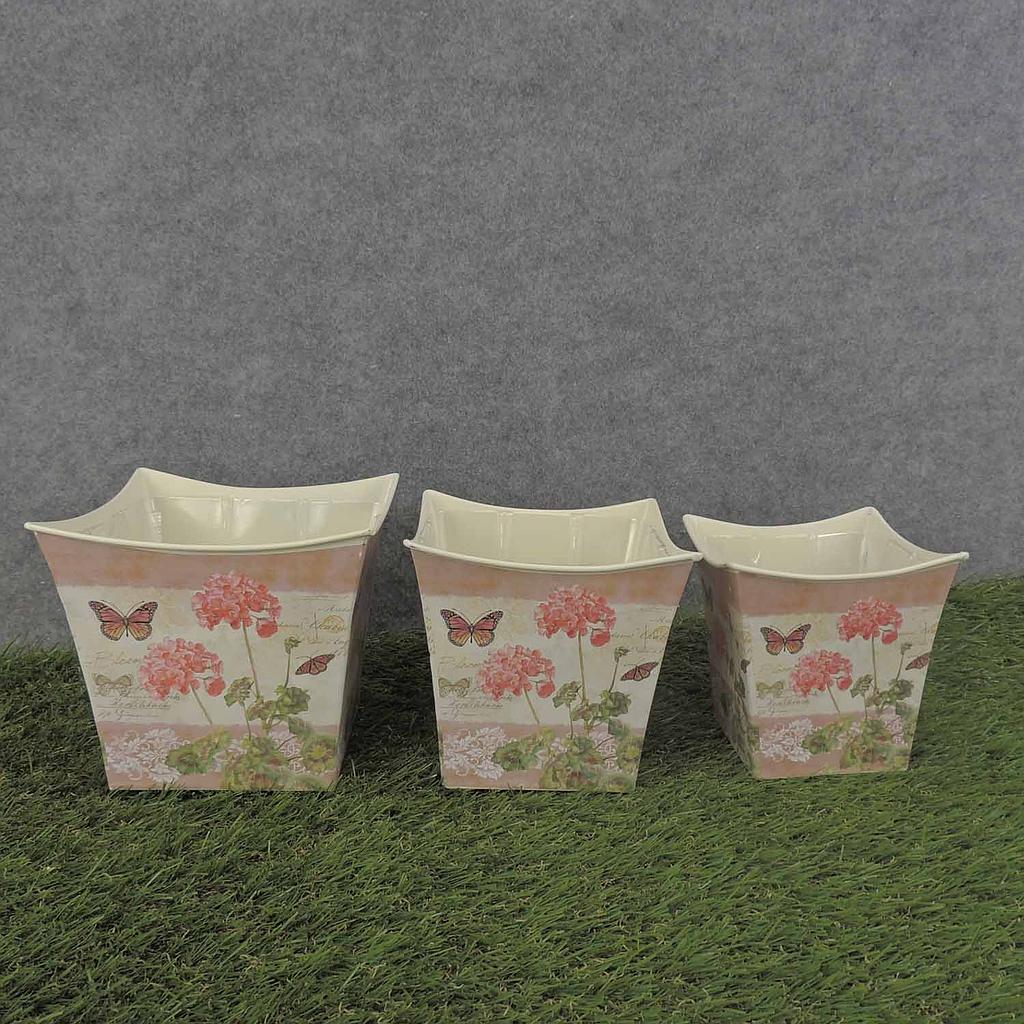 PLANTER  3/SET SQUARE W/LINER PINK GERANIUM PRT