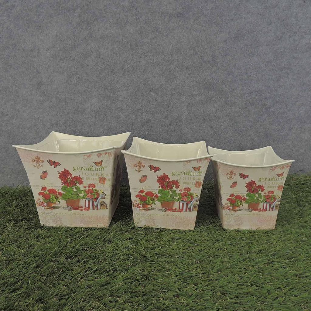 PLANTER  3/SET SQUARE W/LINER RED GERANIUM PRNT