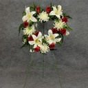 PRE-MADE MEM HEART ARRANGEMENT  CREAM/RED (LILIES)