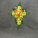 PRE-MADE MEM CROSS ARRANGEMENT   ORANGE/YELLOW (LILIES)