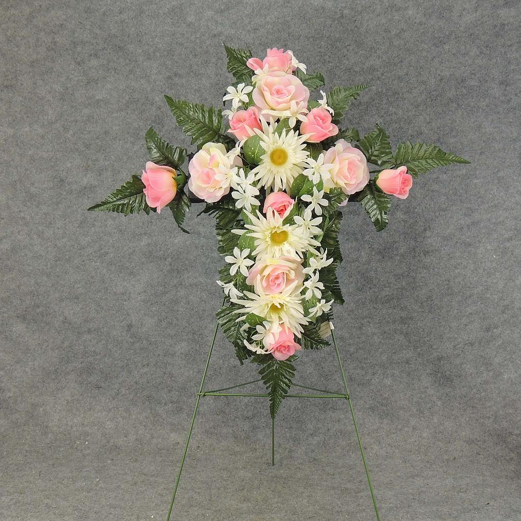 [WW5009E-PCM] 20" ROSE/GERBERA CEMETERY CROSS PINK/CREAM