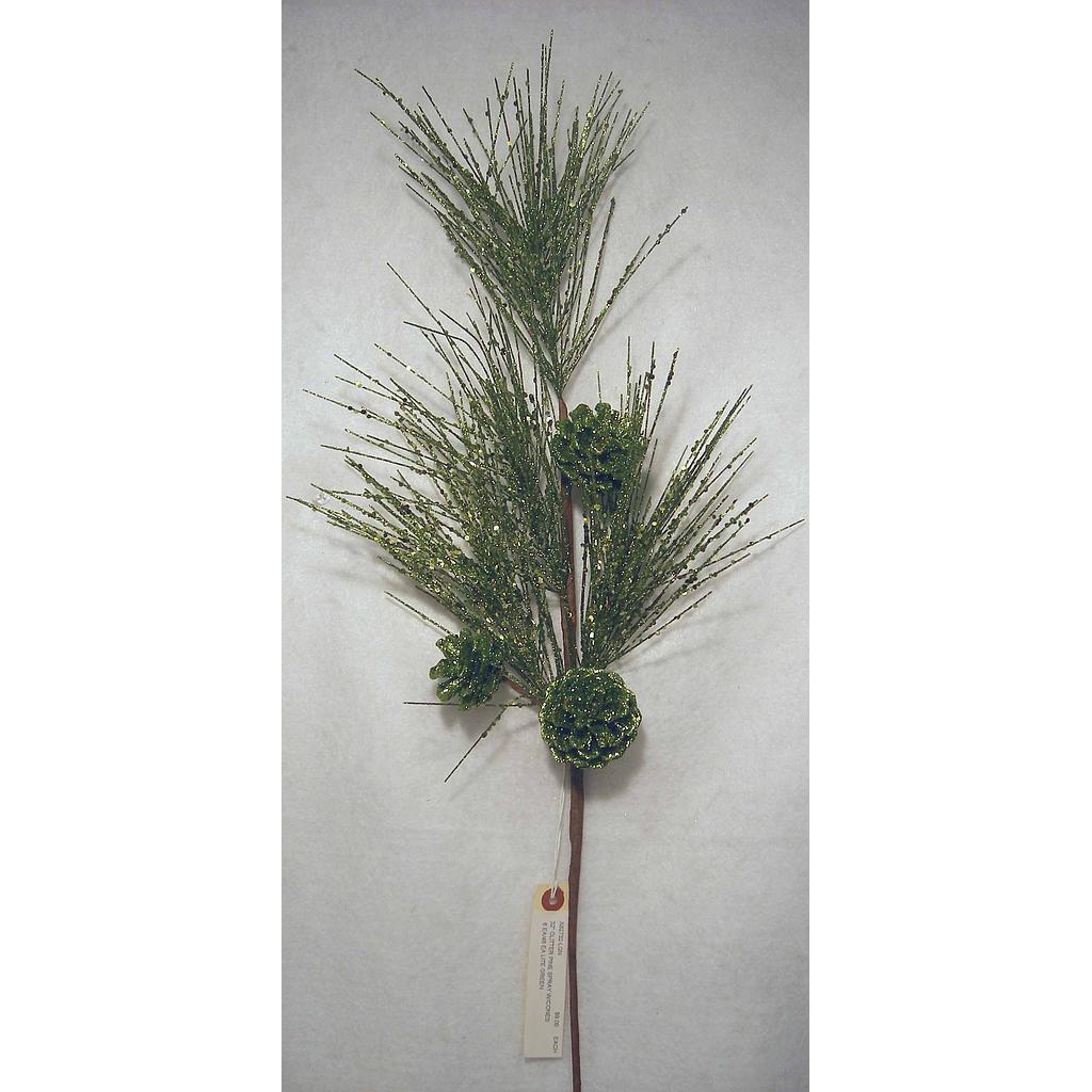 [X82732-LGN] 32" GLITTER PINE SPRAY W/CONES  LIGHT GREEN
