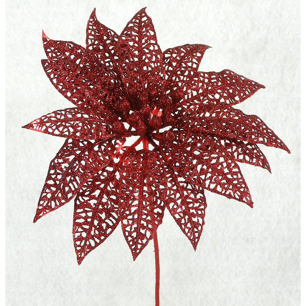 POINSETTIA PICK 9"RED GLIT LACE (12 BANDED)