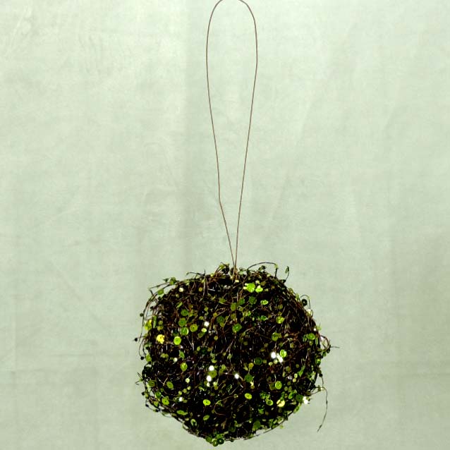 BALL 5.5" TWIG W/SEQUINS GREEN ORNAMENT