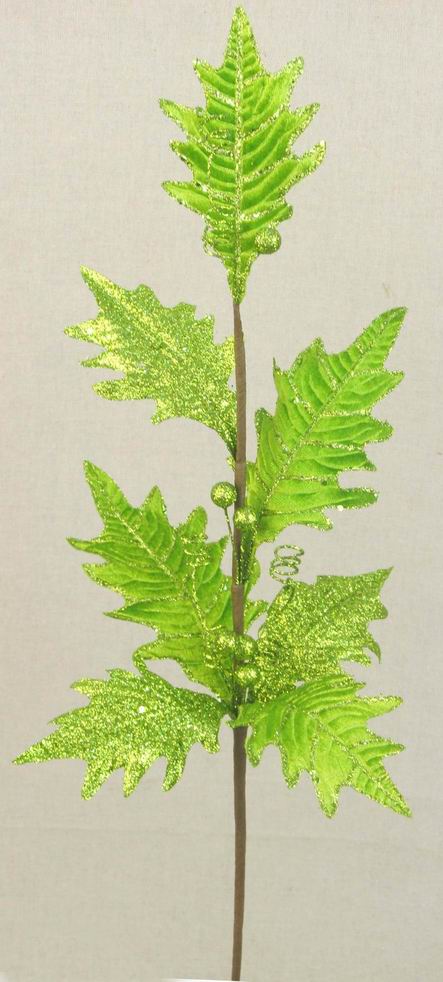 29" HOLLY LEAF VELVET W/GLITTER GREEN