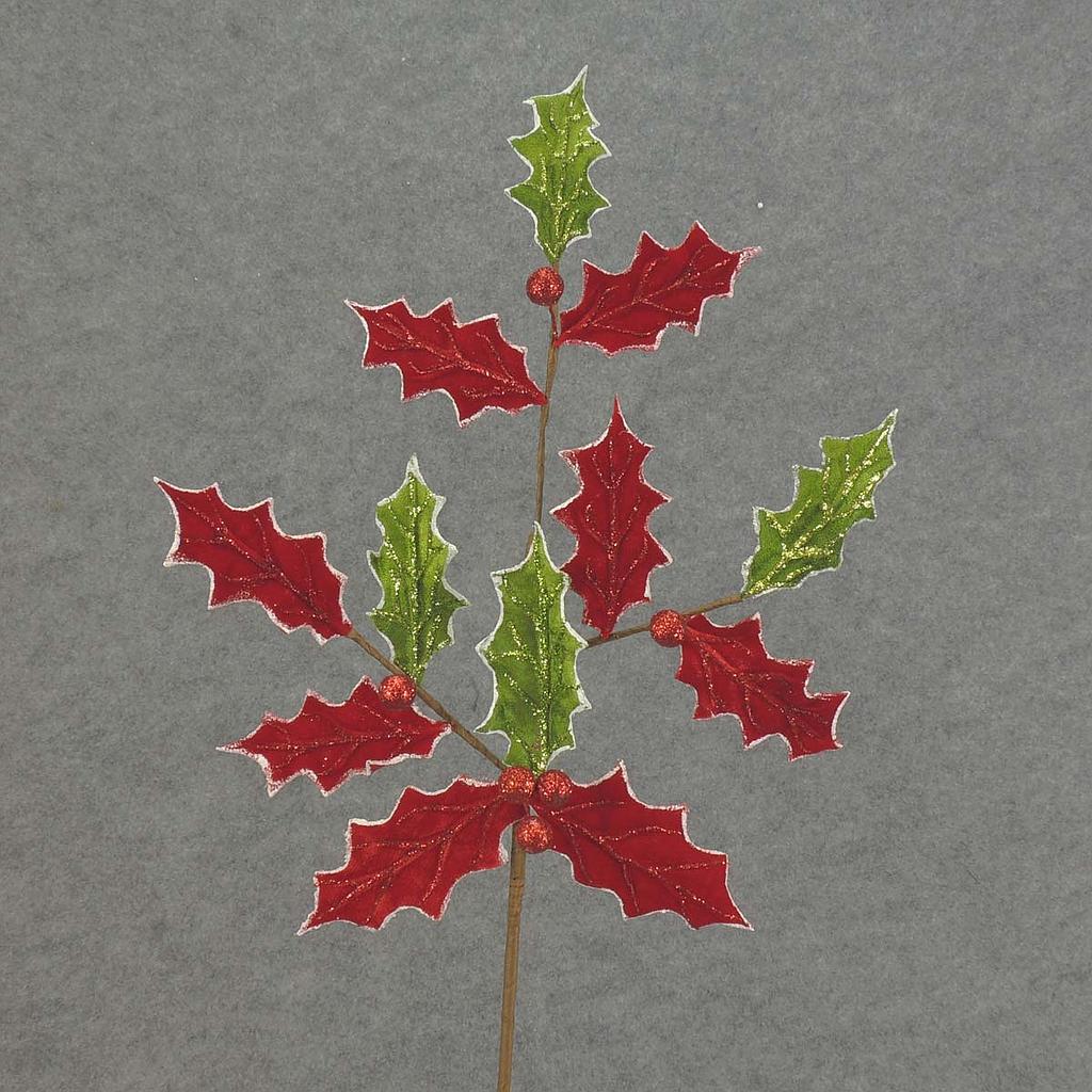 30" HOLLY LEAVES SPRAY RED/GREEN