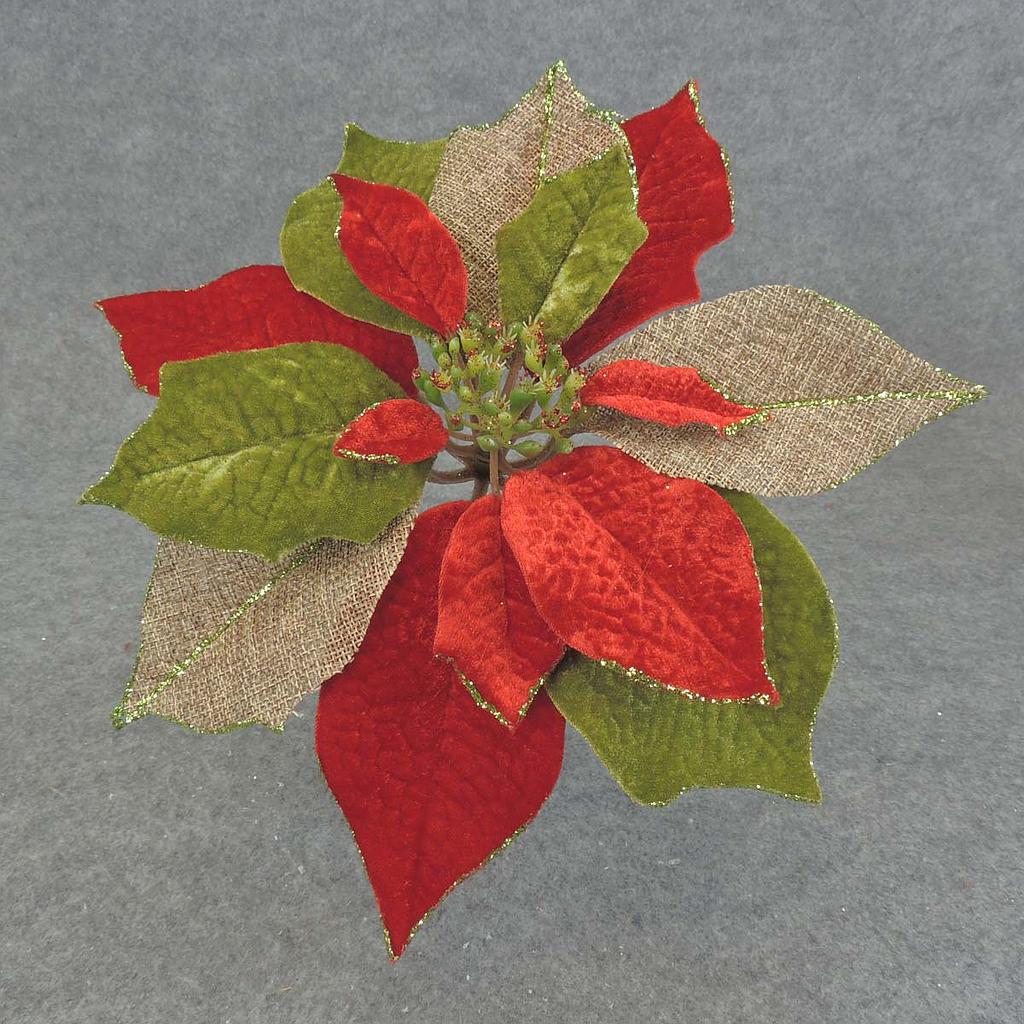 10" POINSETTIA BURLAP/VELVET PICK dia RED/GRN