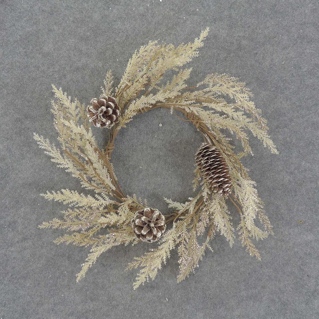 PINE/CONE CANDLE RING 6.5" WHITE/GLITTER
