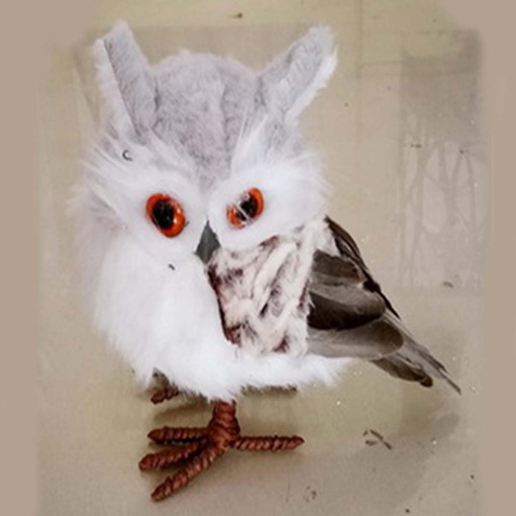 OWL STANDING 6.25&quot; FUZZY WHITE W/FEATHER TAIL