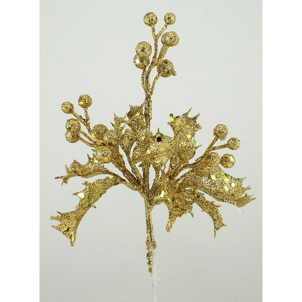 HOLLY/BERRY GLITTER PICK 8"  GOLD
