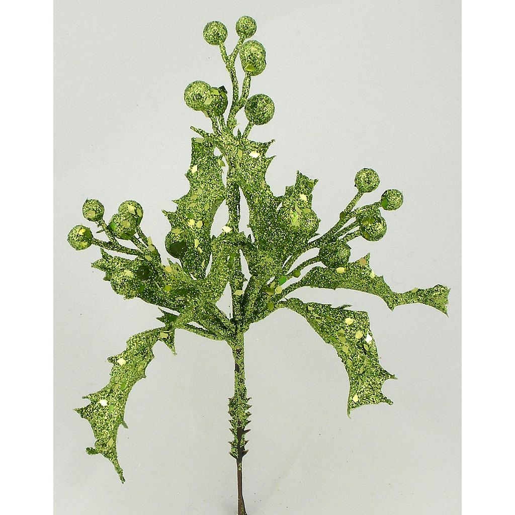 HOLLY/BERRY GLITTER PICK 8"  GREEN