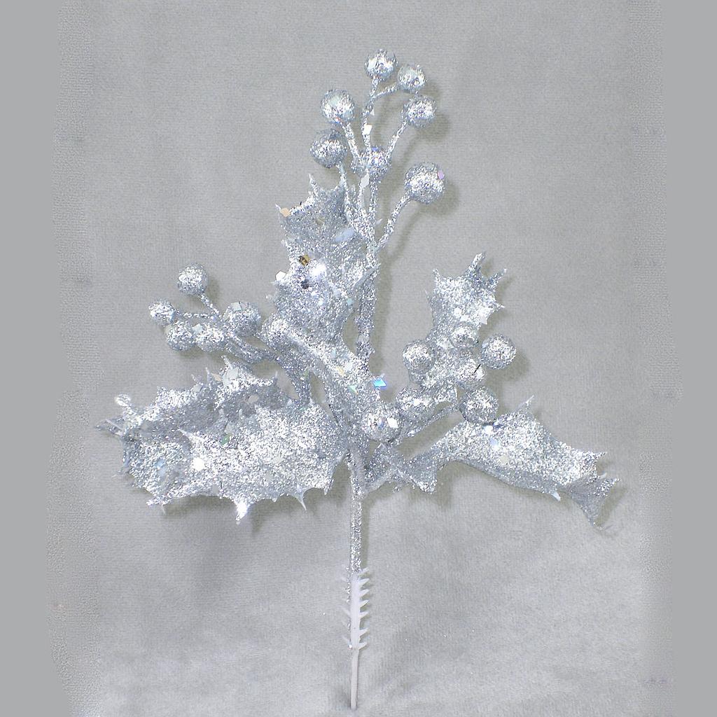 8" HOLLY/BERRY GLITTER PICK SILVER