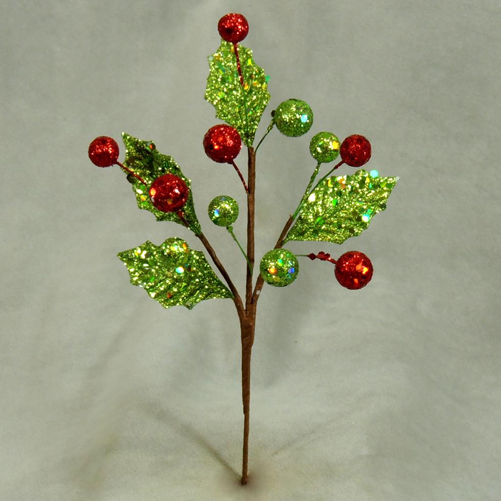 HOLLY/BERRY PICK 8.5" GLITTER (12/BG) RED/GRN