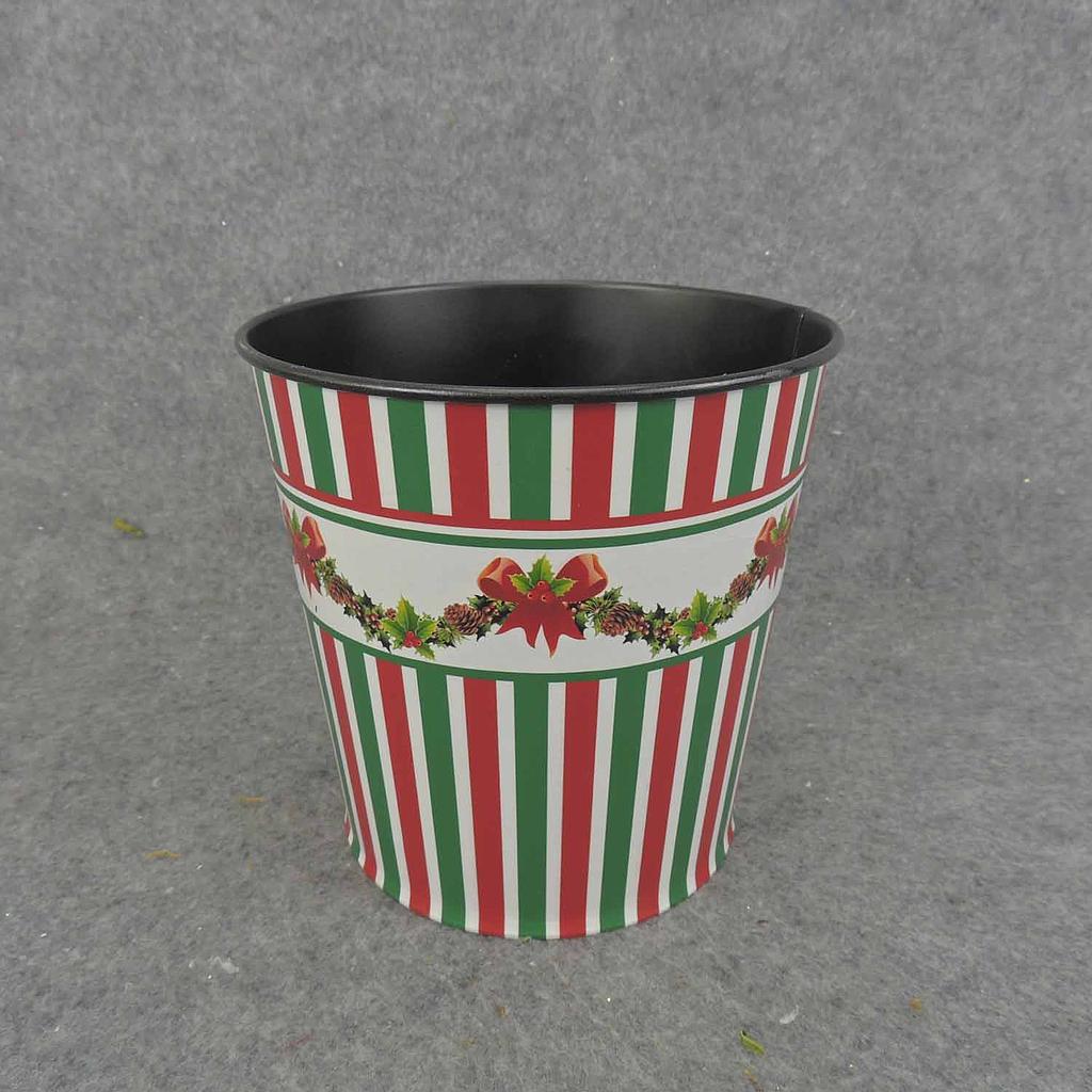 PLANTER TIN 5.25" x 5.5" RED/GRN STRIPES