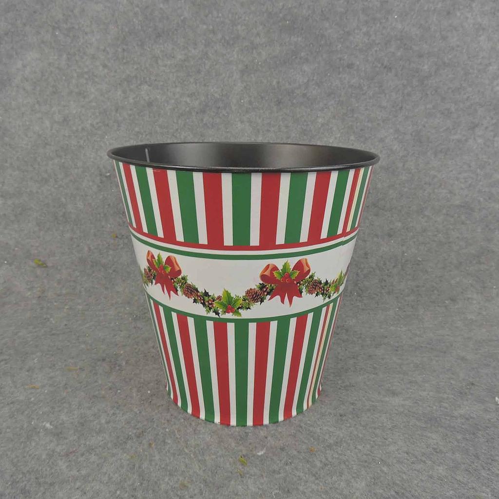 PLANTER TIN 6" x 6.25" RED/GRN STRIPES
