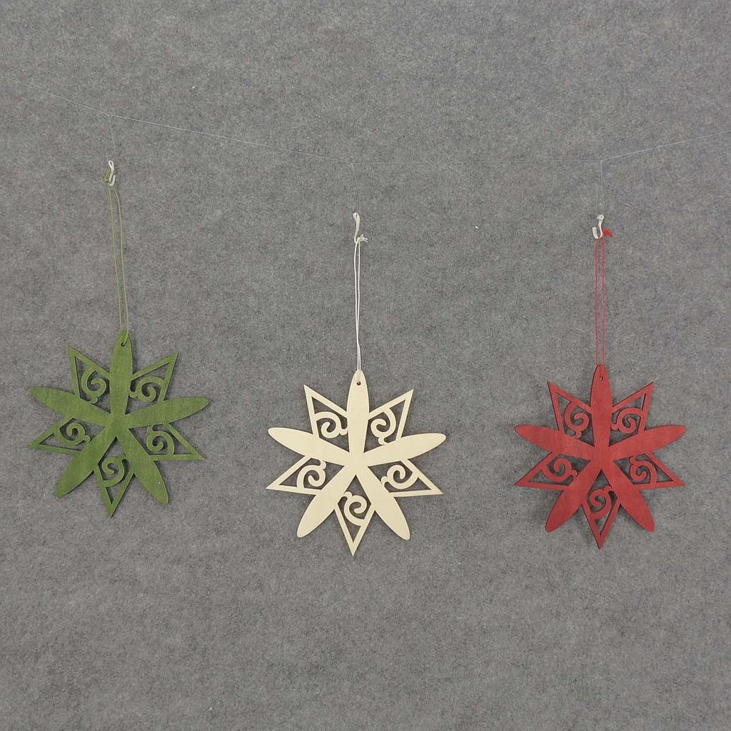 SNOWFLAKE HANGER WOOD 5.5" RED/WHT/GRN 3ASST