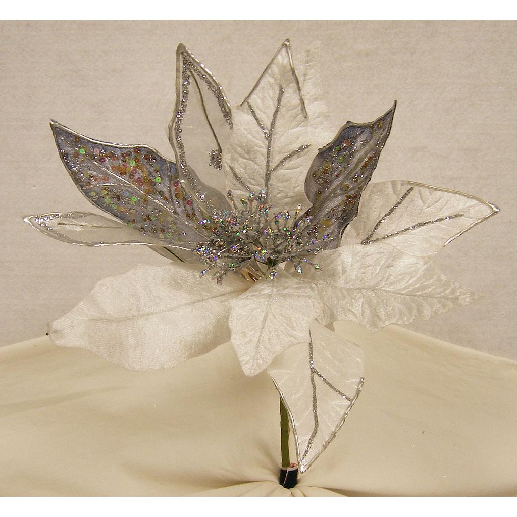 10" POINSETTIA PICK VEL/ORGANZ WHITE/GREY 16" D