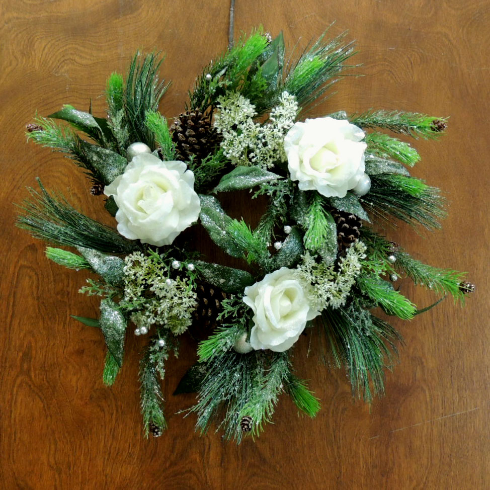 [XE396] 16" WREATH ROSE/QAL/BERRY/PINE W/FROST CREAM
